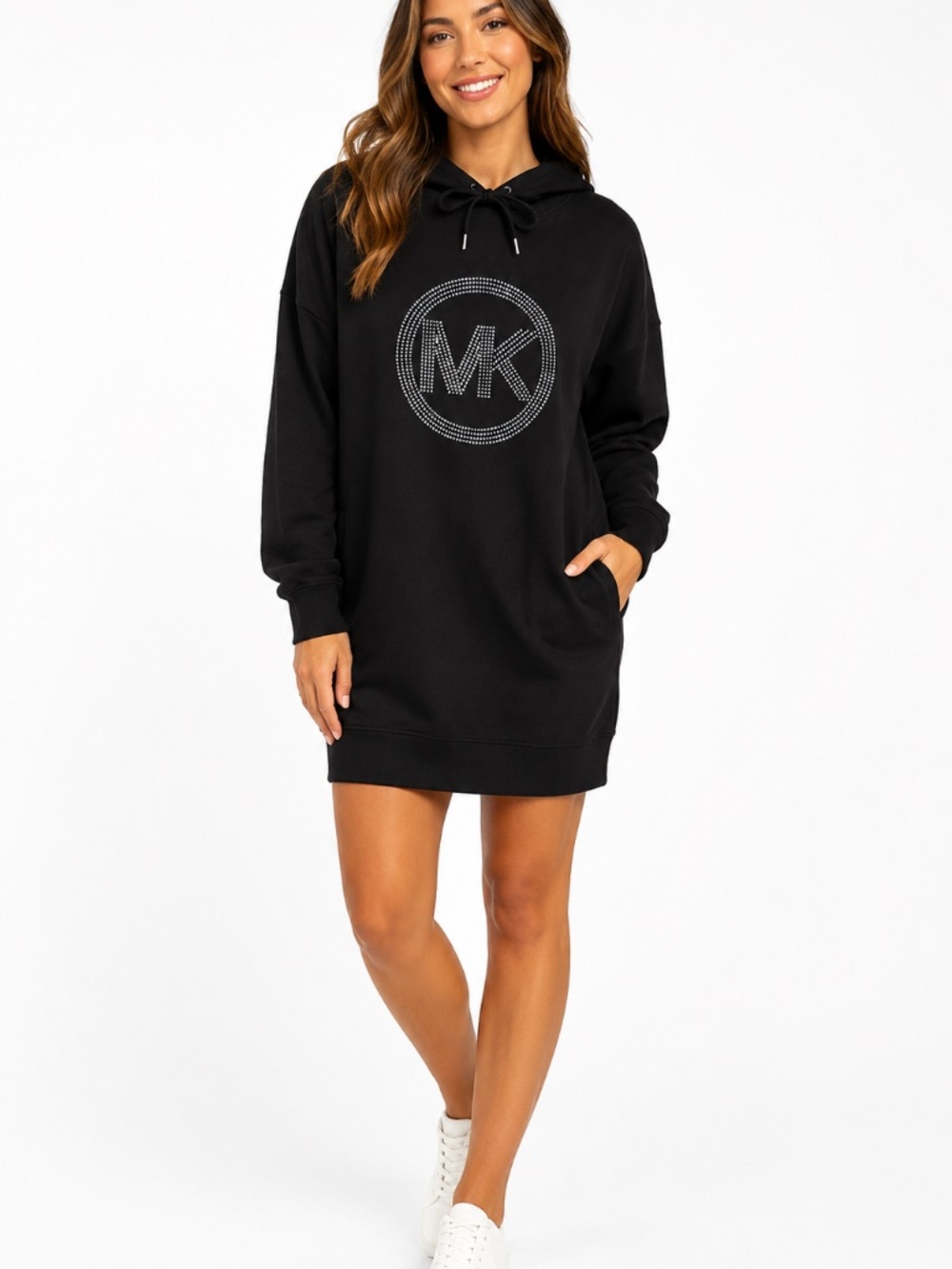 Michael Kors black, sweat shirt hoodie dress with silver stud logo.